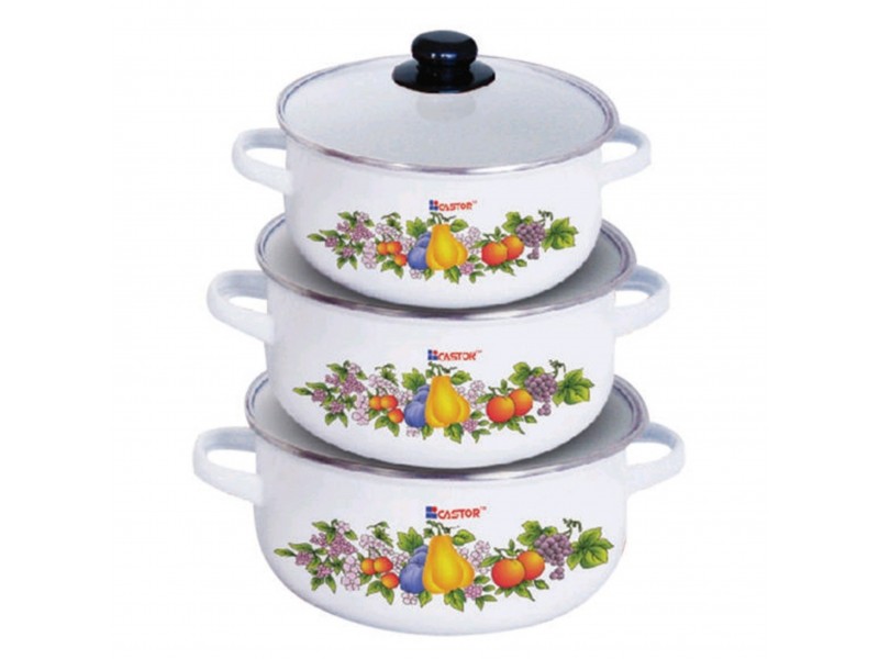 Castor Enamel 3pcs 3mm  Casserole with Glass Lid 18,20,22 cm CT ECS1833