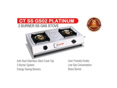 Castor 2 Burner Platinum Stainless Steel Gas Stove 