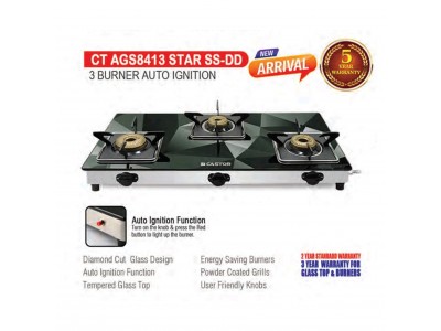 Castor Star 3 Burner Glass Top Auto Ignition Gas Stove-CT AGS8413 STAR SS DD