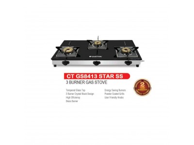 Castor Star 3 Burner Glass Top Auto Ignition Gas Stove-CT AGS8413 STAR SS