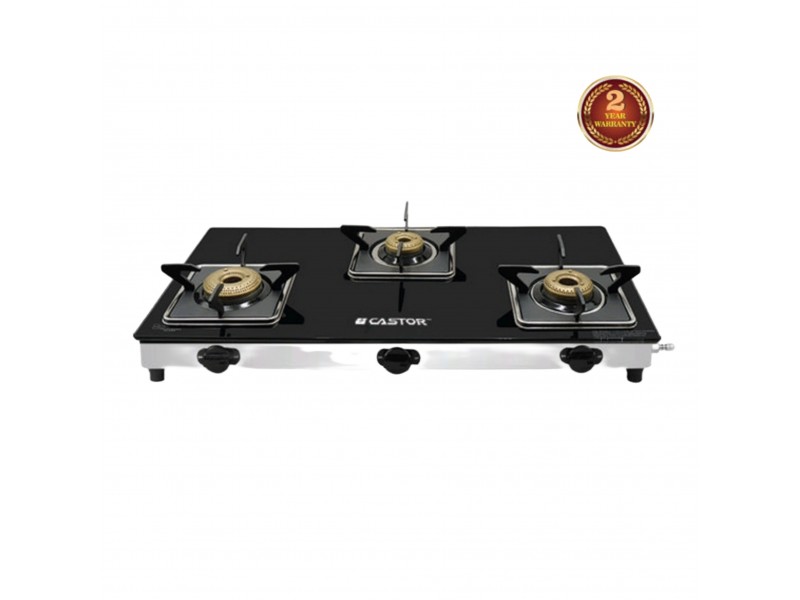 Castor Star 3 Burner Glass Top Auto Ignition Gas Stove-CT AGS8413 STAR SS