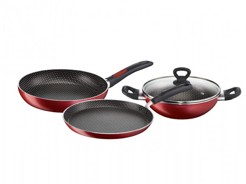 Tefal Simply Chef Set KTF (Kadai 24, Tawa 26, Fry Pan 24, Lid Spatula) Rio Red